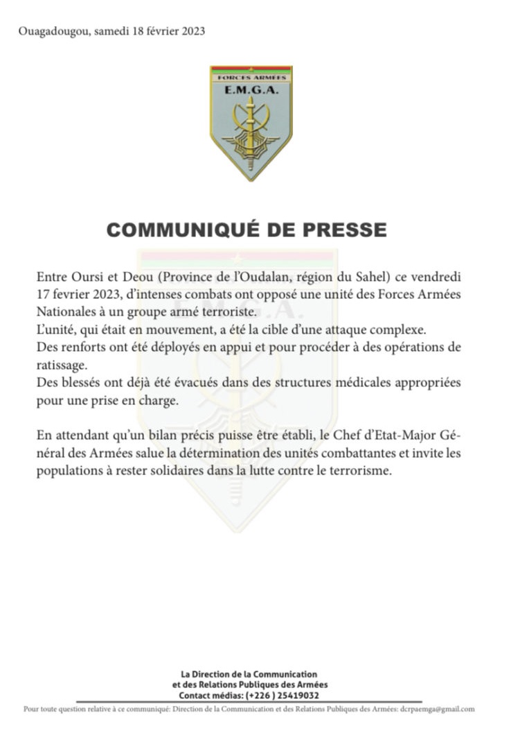 Communiqué de l'armée Burkinabé 